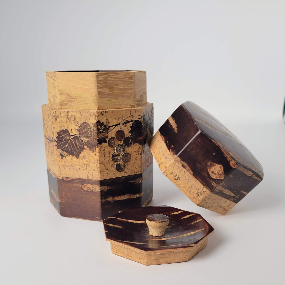 Boîte à thé japonaise chazutsu - Sakura Kawa - Motif raisin - Ensemble de trois pièces