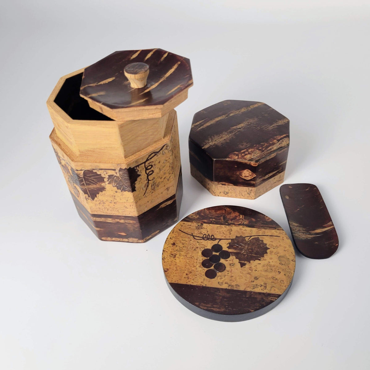 Boîte à thé japonaise chazutsu - Sakura Kawa - Motif raisin - Ensemble de trois pièces