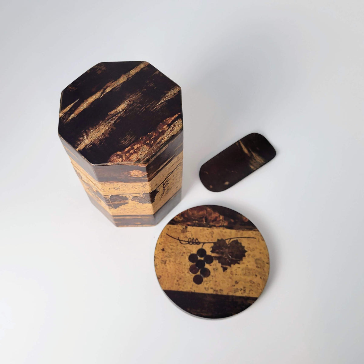 Boîte à thé japonaise chazutsu - Sakura Kawa - Motif raisin - Ensemble de trois pièces
